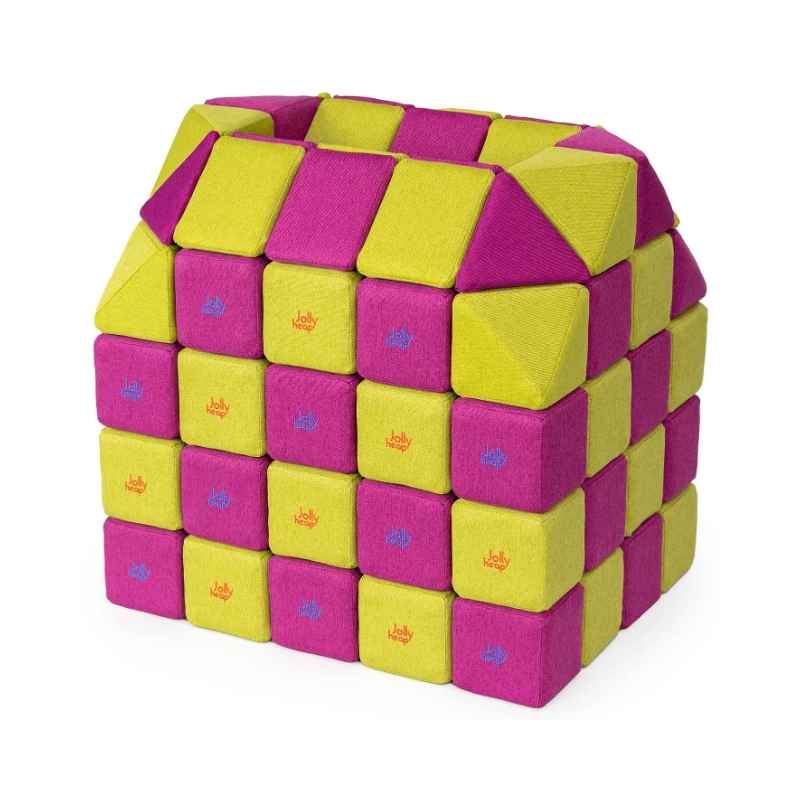 A small structure built with JollyHeap Creative Set soft magnetic blocks in a violet and lime green colour combination