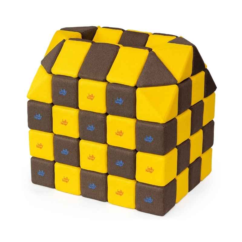A small structure built with JollyHeap Creative Set soft magnetic blocks in a yellow and dark brown colour combination