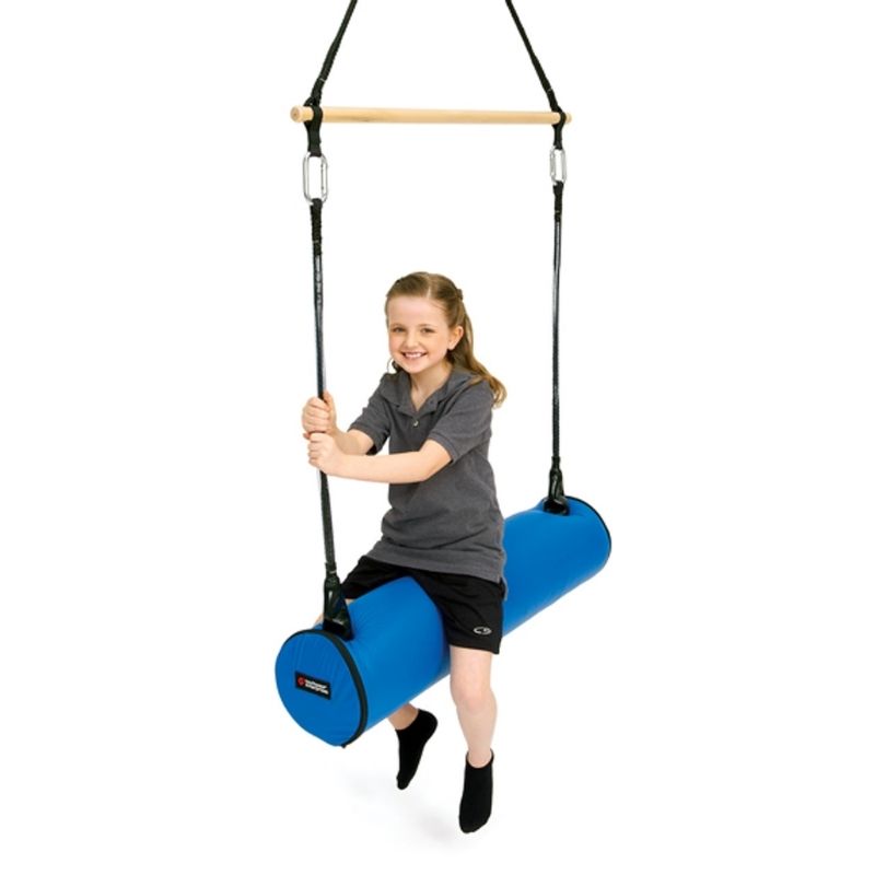 Southpaw 2-in-1 Bolster Swing and Trapeze Bar shown in a therapy room setting, a versatile vestibular therapy swing for children and OT clinics