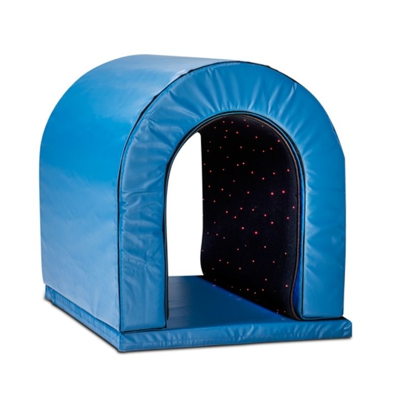 Southpaw Fiber Optic Tunnel glowing in blue with colour-changing fibre optic strands lining the interior, a sensory crawl tunnel for therapy rooms and home use