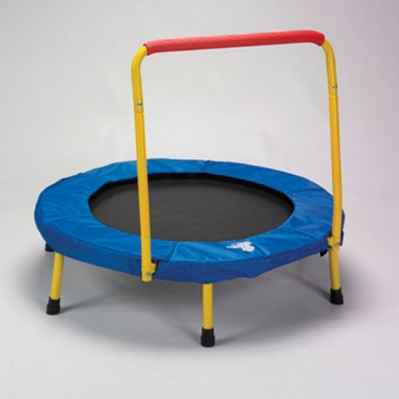 Southpaw Fold & Go Trampoline showing padded frame cover and handle, a foldable mini trampoline for sensory play and gross motor development