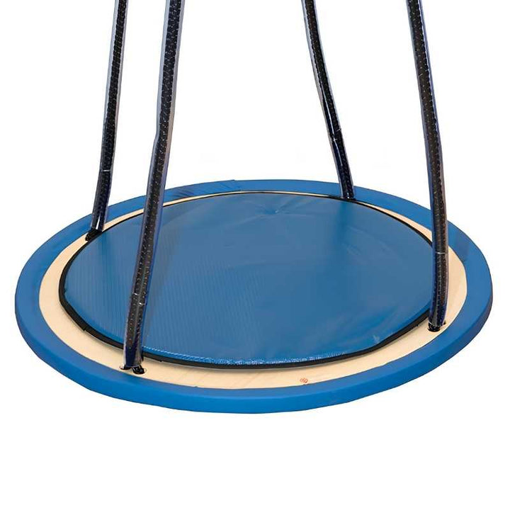 Front view of the Southpaw Itinerant Platform Swing showing the 30-inch platform, rope configuration, and spreader bars for portable OT therapy use