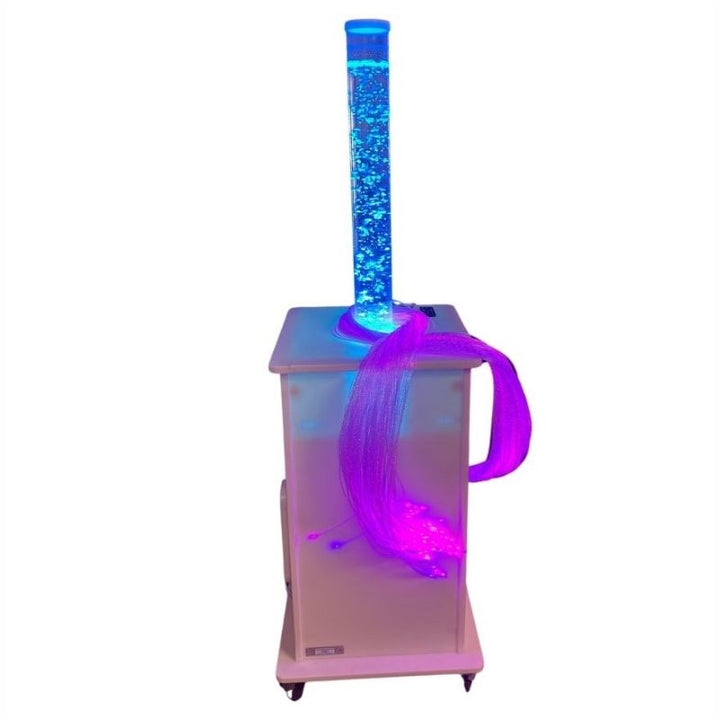Southpaw Portable Bubble Tube Cart powered on with LED bubble tube illuminated, demonstrating battery-powered sensory therapy operation in a clinical setting