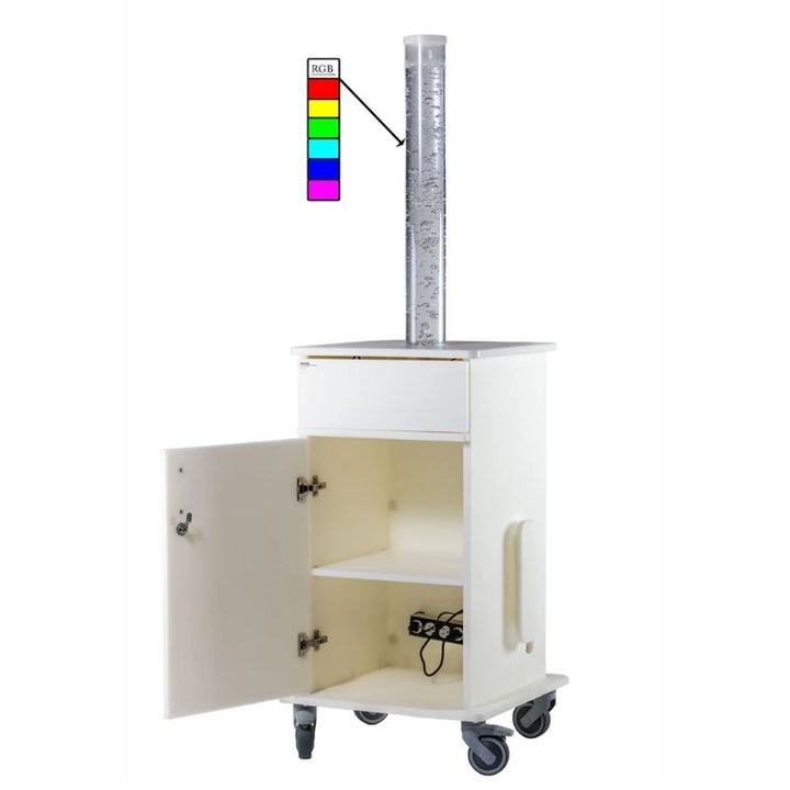 Southpaw Portable Bubble Tube Cart with storage cabinet open, showing interior shelving for therapy tools in a medical-grade mobile sensory cart