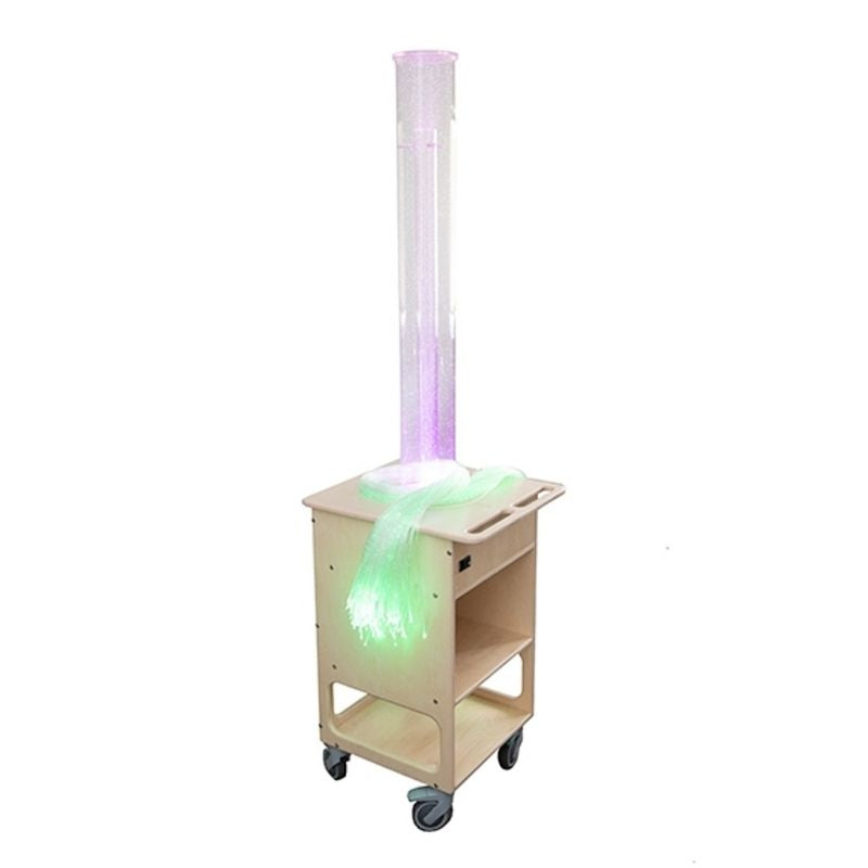 Southpaw Portable Popcorn Tube Cart shown in full detail, a battery-powered mobile sensory therapy cart for occupational therapy clinics, schools, and multi-sensory environments