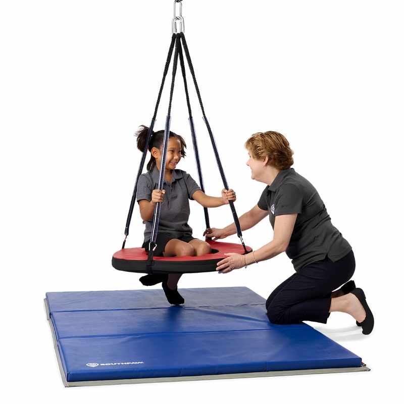 Child and adult using the Southpaw Soft-Lite Circle Swing together, a vestibular therapy swing supporting sensory integration and balance development