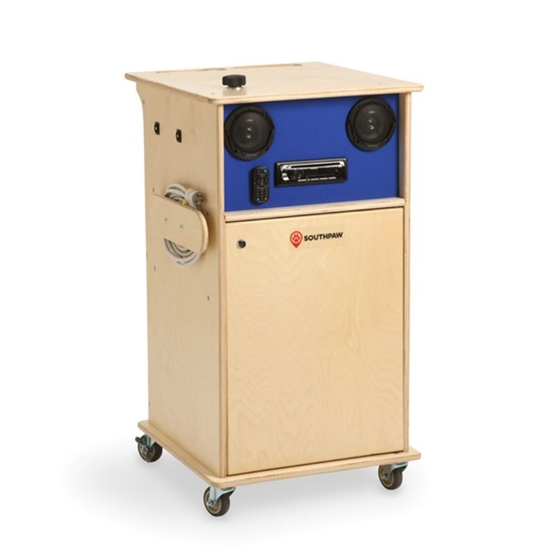 Southpaw Stereo Rover mobile vibroacoustic sensory room audio system, front view showing birch cabinet, dual speakers, and wheeled base