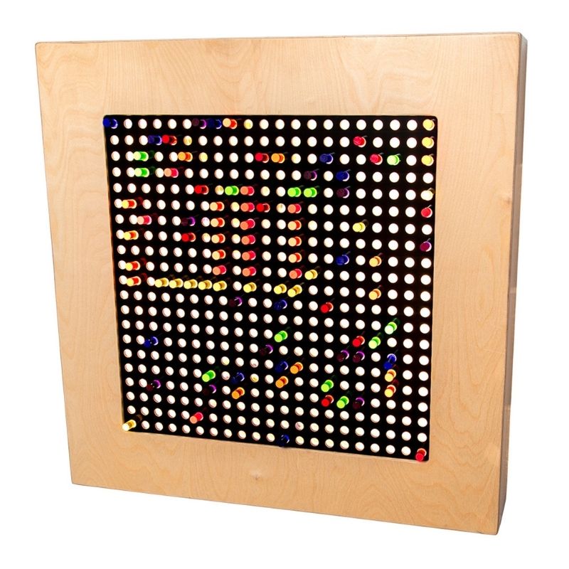 Southpaw UV Rod Panel mounted on wall showing 96 UV-reactive translucent pegs in 8 colours, an interactive sensory wall panel for occupational therapy and sensory room development