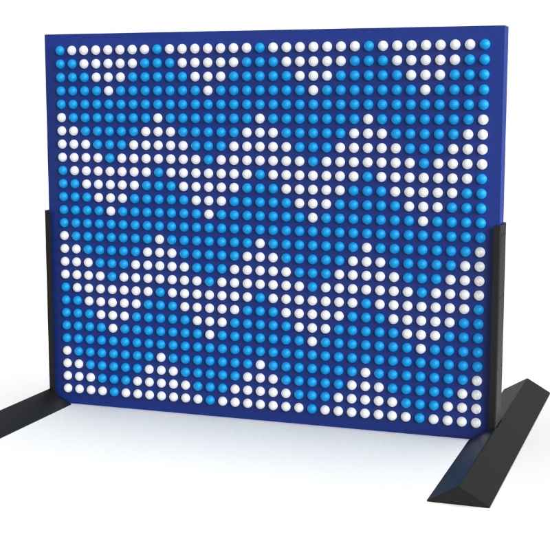 Angled view of the LiteZilla Spinfinity Wall interactive spinning wall panel displaying a custom blue and white pattern