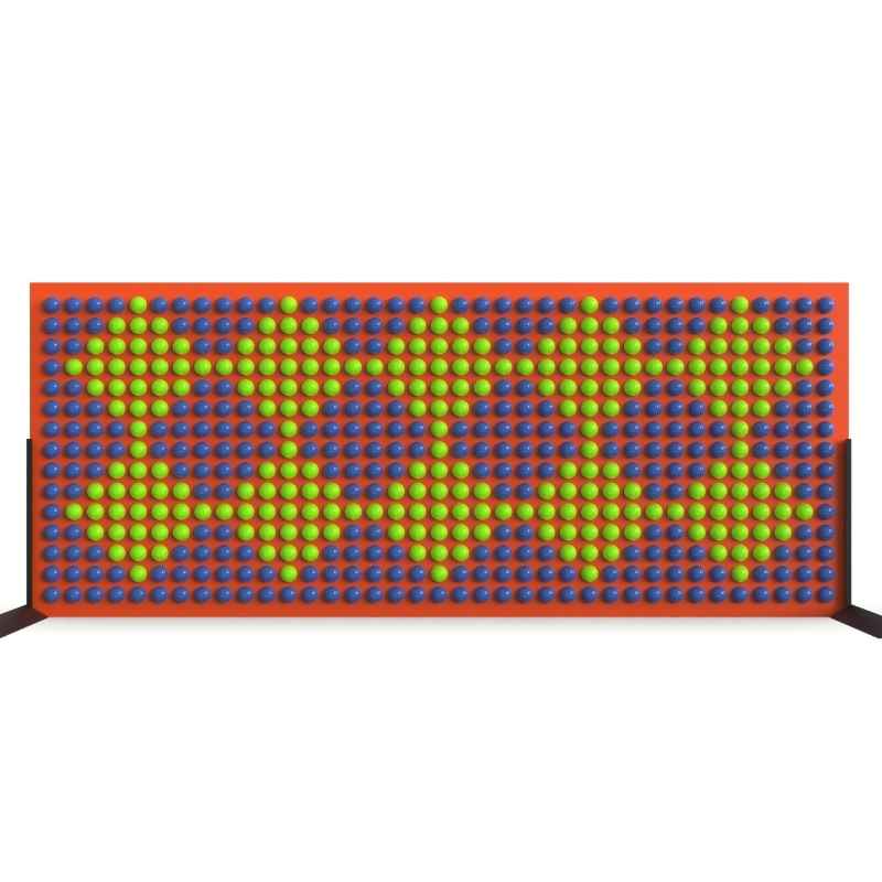 LiteZilla Spinfinity Wall interactive spinning wall panel displaying a custom blue and green pattern on a wide orange panel