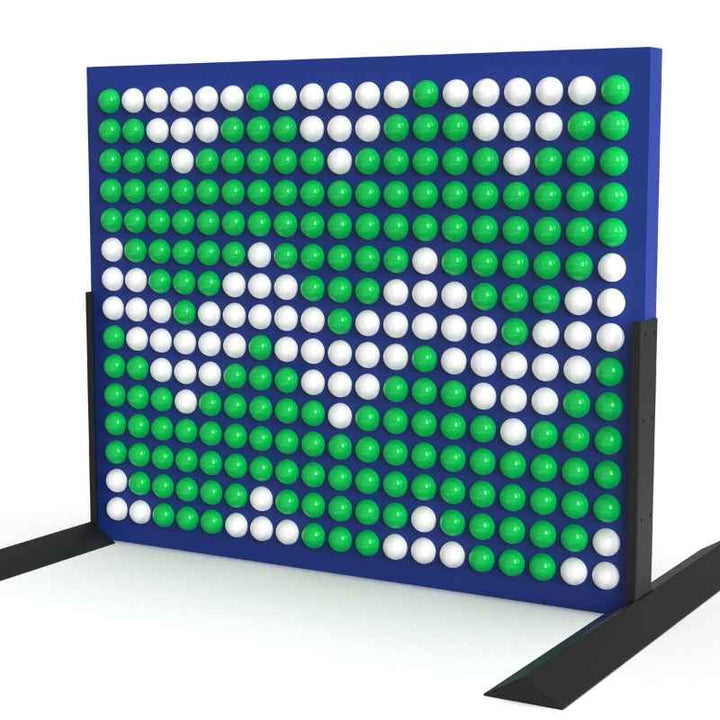 LiteZilla Spinfinity Wall interactive spinning wall panel displaying a custom green and white pattern on a navy freestanding panel