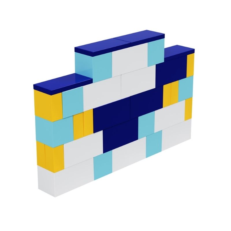 A modular wall built from EverBlock Small Starter Kit interlocking STEM building blocks in blue, yellow, white and light blue