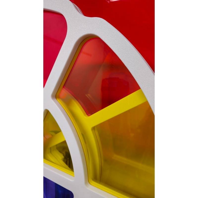 Overlapping red, yellow and blue acrylic panels on the LiteZilla ChromaWheel demonstrating real time color mixing on this STEM color wheel