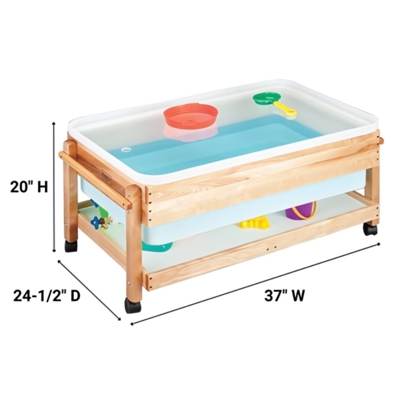 Stock Wooden Premium Sand and Water Centre Large dimension diagram showing the 37"W x 24-1/2"D footprint and 10" tank depth of this birch wood sand and water sensory table