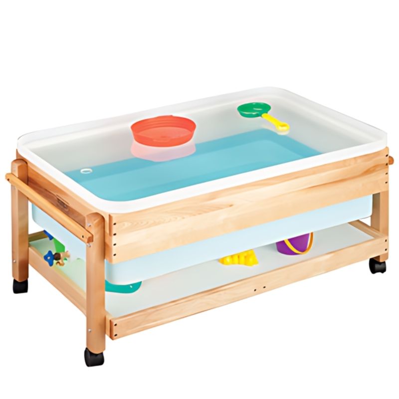 Stock Wooden Premium Sand and Water Centre Large landscape view showing the birch hardwood frame, clear acrylic lid, dual metal faucets, and accessory shelf of this Canadian-made sensory table