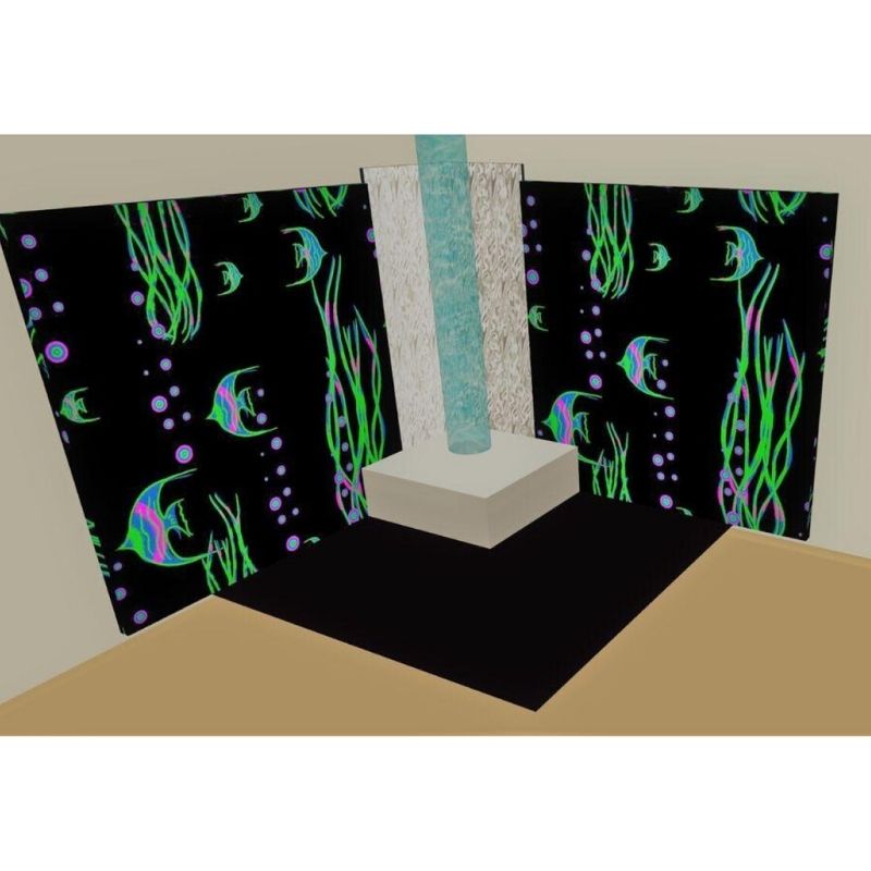 TFH Aquarium Sensory Glow Corner showing the UV bubble tube with fish, glowing aquarium carpets and acrylic mirrors in a complete sensory room corner setup