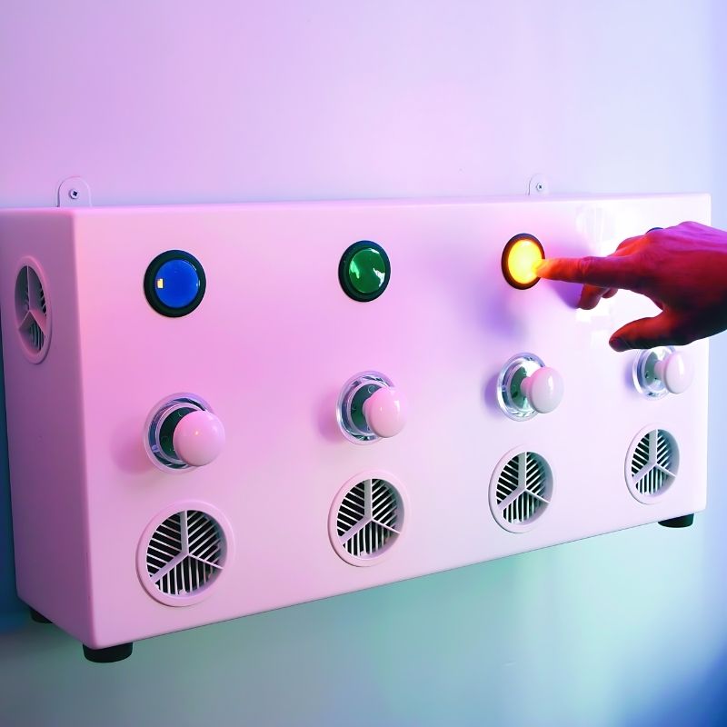 Close-up of the four colour-coded buttons on the TFH Aroma Fan & Light Reward System showing the cause-and-effect sensory diffuser controls
