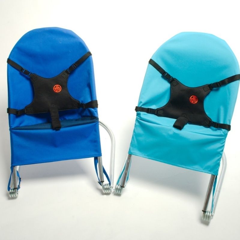 TFH Bouncing Chair Replacement Covers in light blue small and dark blue medium variants shown together for size comparison