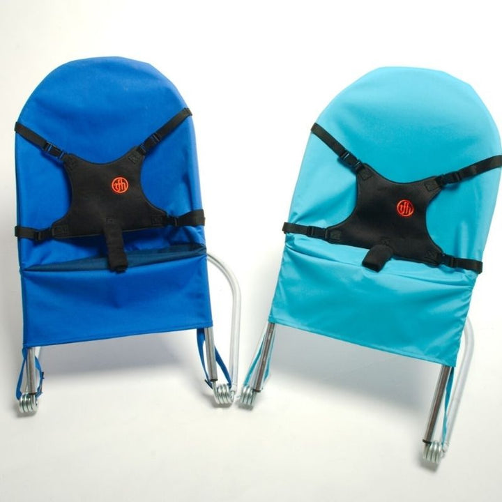 TFH Bouncing Chair Replacement Covers in light blue small and dark blue medium variants shown together for size comparison