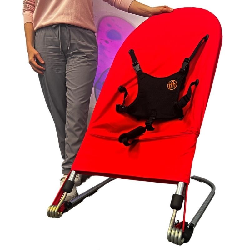 TFH Bouncing Chair large red variant front view, a therapeutic vestibular seat for children up to age 9 in therapy rooms and classrooms