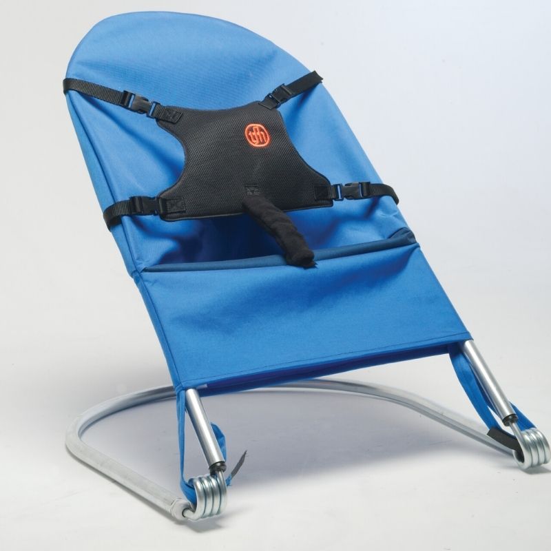 TFH Bouncing Chair medium dark blue variant in landscape view, a sensory chair for vestibular input in therapy and school settings