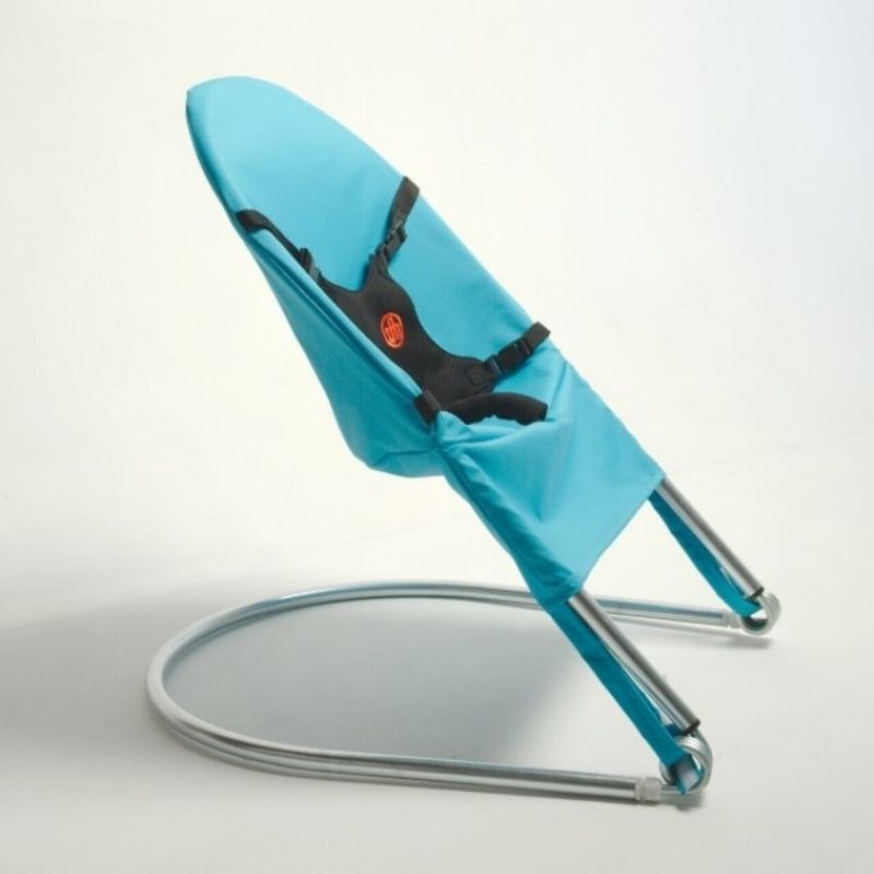 Clean side view of the TFH Bouncing Chair small light blue variant showing the bouncing frame profile and seat depth