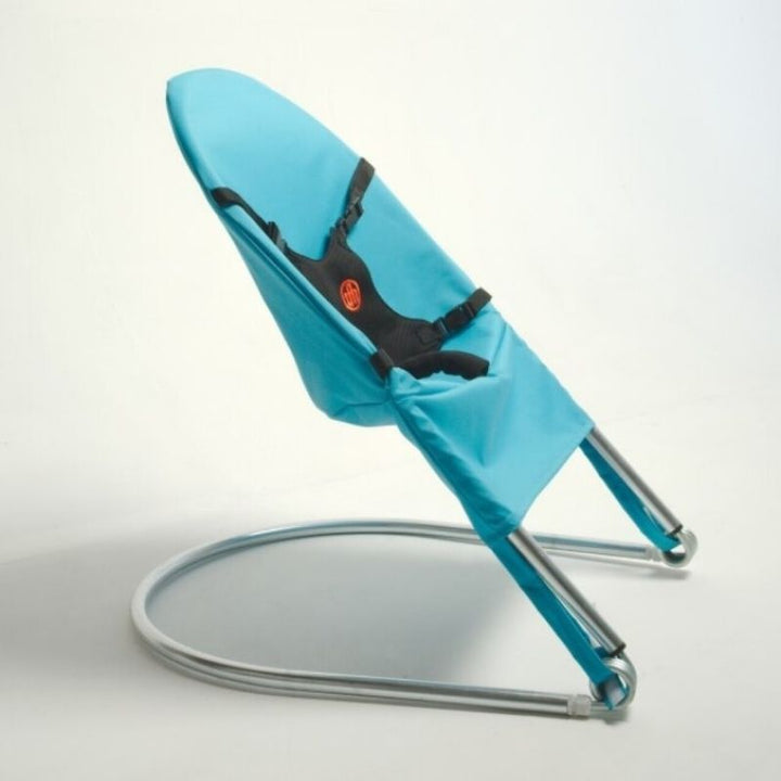 Clean side view of the TFH Bouncing Chair small light blue variant showing the bouncing frame profile and seat depth