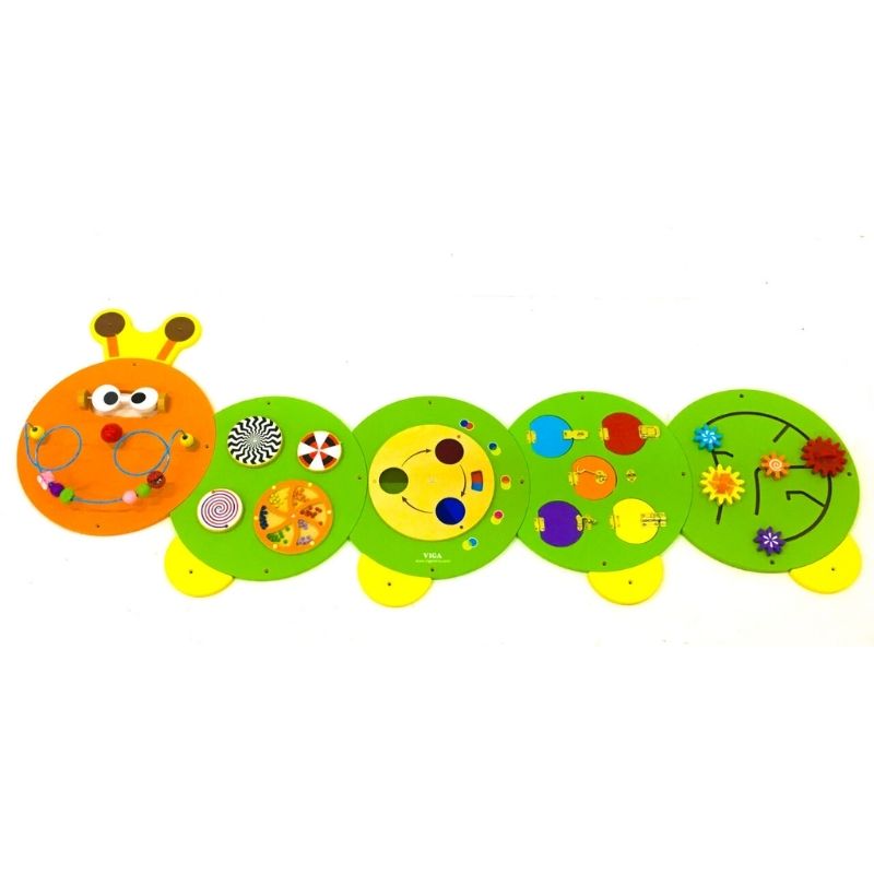 TFH Caterpillar Activity Wall Panel showing all 5 panels mounted, an 8-activity sensory busy board for fine motor skill development in classrooms and therapy rooms