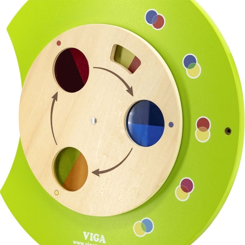 Detail of the colour-mixing wheel activity on the TFH Caterpillar Activity Wall Panel, developing bilateral coordination and colour recognition in early childhood settings