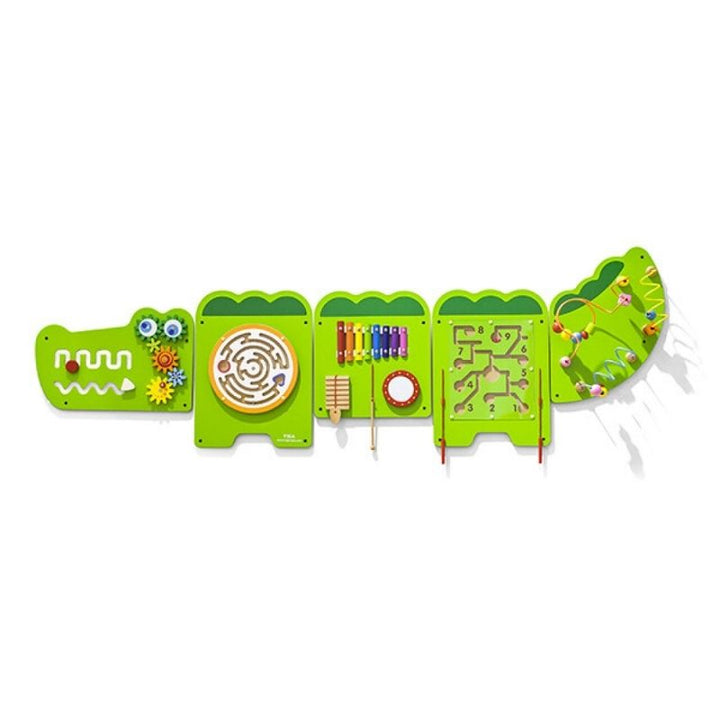 TFH Crocodile Activity Wall Panel from an alternate angle, showing the full wall-mounted sensory busy board with 11 hands-on activities for children aged 18 months and up