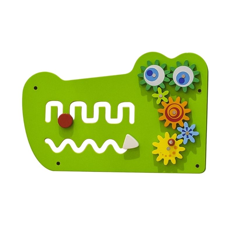 Child engaged with the TFH Crocodile Activity Wall Panel, developing fine motor skills and hand-eye coordination on the wall-mounted sensory busy board