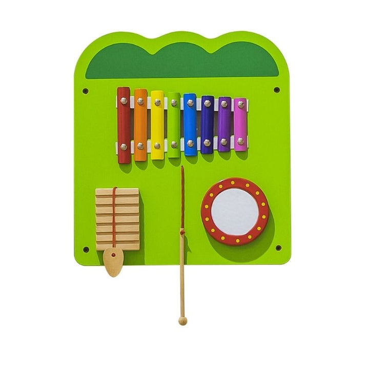 TFH Crocodile Activity Wall Panel middle section with xylophone, ridged sound board, and safety mirror for auditory stimulation and sensory exploration