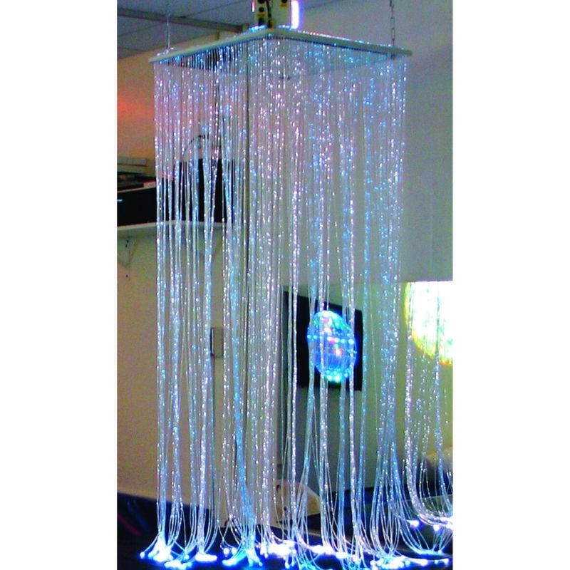 TFH Fibre Optic Waterfall portrait view showing the full 2-metre length of the 200 colour-changing fibre optic tails suspended from the mirrored ceiling shelf