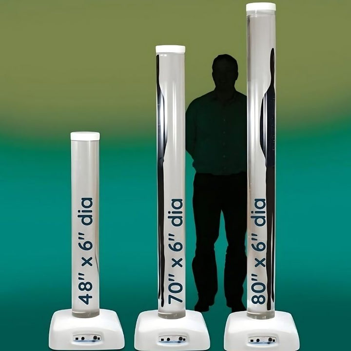 TFH Genie System Bubble Tube shown in three heights - 48 inch, 70 inch, and 80 inch - for sensory room and therapy space planning