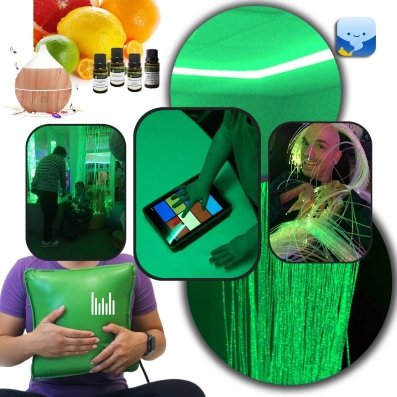 TFH Genie Comfort Corner multisensory kit collage showing the ultrasonic aromatherapy diffuser, Genie fibre optic curtain in use, app-controlled tablet interface, vibroacoustic cushion, and LED ceiling line installed in a sensory room corner