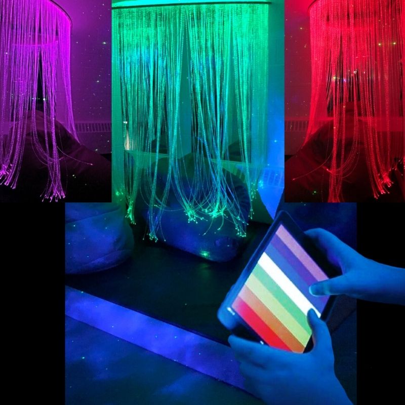 TFH Genie Quarter Circle Fibre Optic Curtain shown from three angles with the Genie colour controller, demonstrating the full corner waterfall installation and colour-changing fibre optic tails for sensory rooms