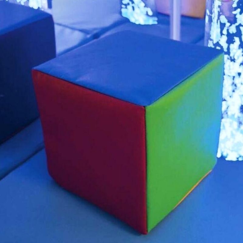 TFH Giant Bubble Tube and Colour Cube Bundle displayed together, showing the 80-inch water column with LED colour display and the 15-inch foam Colour Control Cube for interactive sensory room use