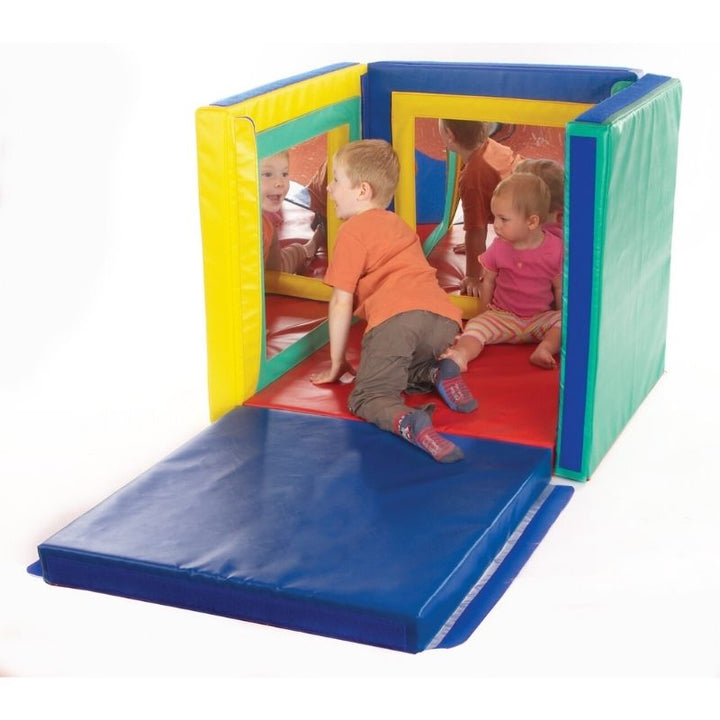 Two children playing inside the TFH Giant Folding Mirror Den showing social interaction and cooperative sensory play supported by removable mirror panels