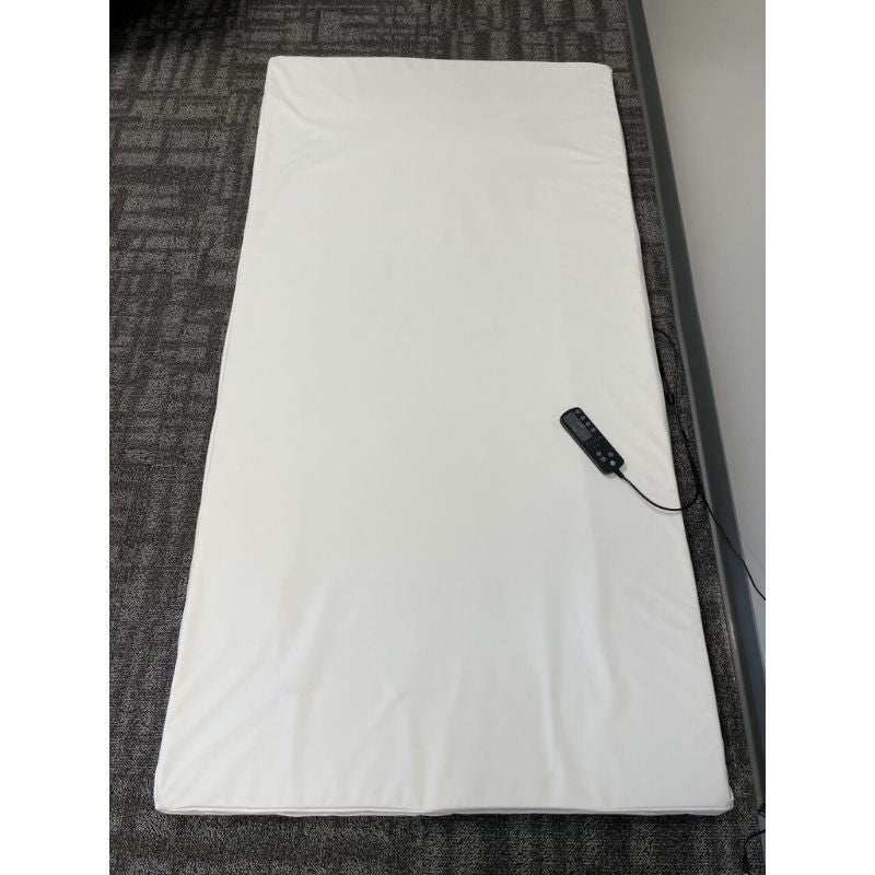 Top-down view of the TFH Giant Vibrating Floor Pad showing the full wipe-clean white vinyl surface, five motor zones, and hand-held zone controller for vibration therapy