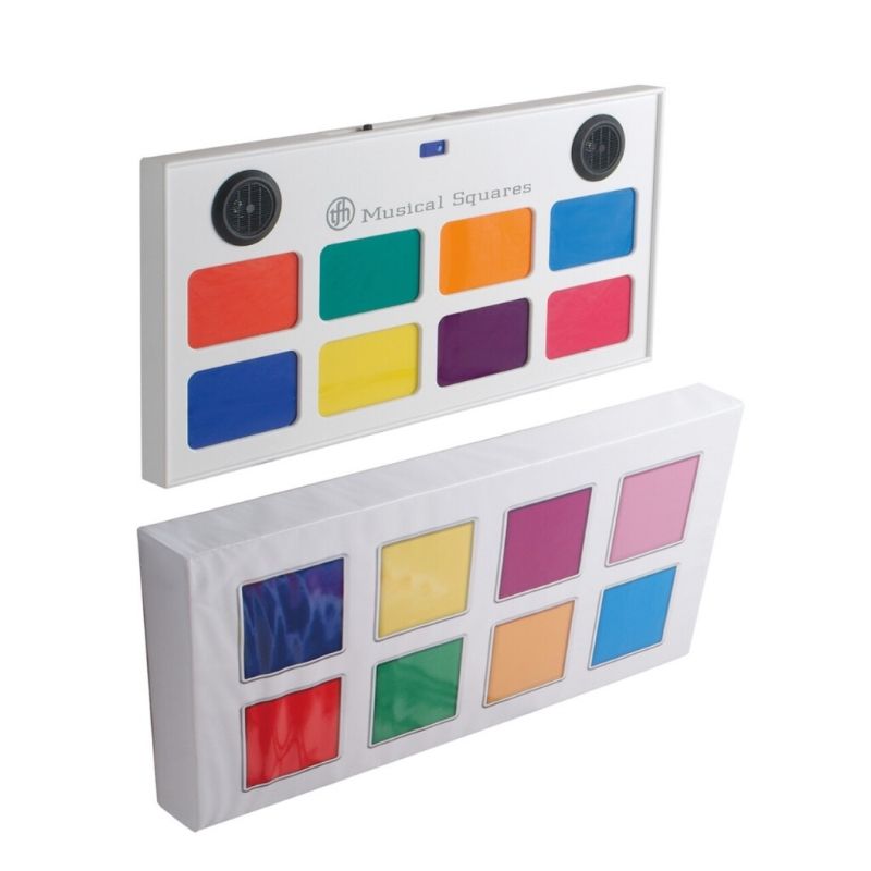 TFH Interactive Musical Squares front view showing the 8 colour switches and slimline panel design, the touch-activated sensory music panel for sensory rooms and classrooms