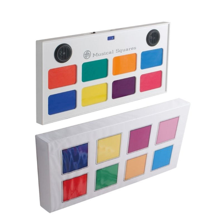 TFH Interactive Musical Squares front view showing the 8 colour switches and slimline panel design, the touch-activated sensory music panel for sensory rooms and classrooms