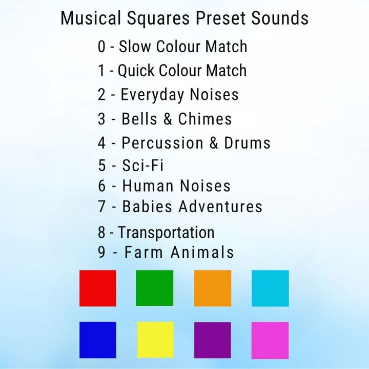 TFH Interactive Musical Squares detailed view of the 9 sound mode presets including Farm Animals, Percussion and Simon Says, showing the full mode selector on the sensory music panel