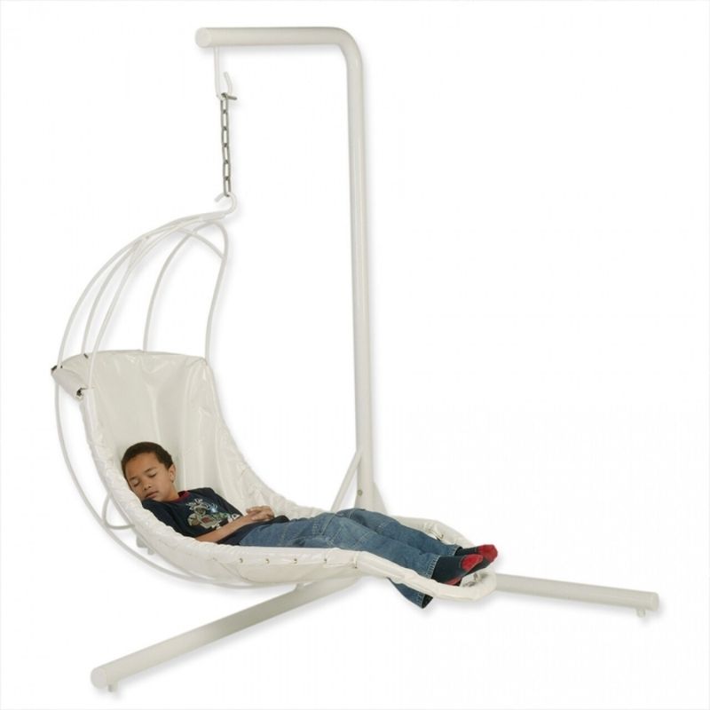 TFH L Shape Corner Stand with the Swaying Banana Leaf Chair in use and child resting, showing the corner-fitting freestanding sensory swing stand in a therapy room setting