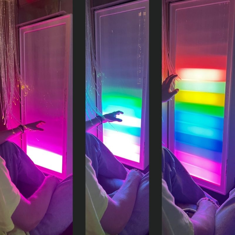 TFH Sound Responsive Ladder Light Panel three-image display showing a boy in active sensory play, demonstrating the 15-rung ascending LED display as a speech therapy and vocalization tool