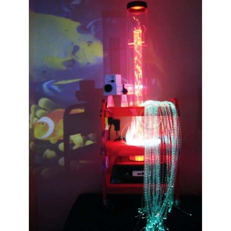 TFH Little Red Sensory Cart Deluxe Water portrait view showing the full 60-inch height of the portable multi-sensory station with bubble tube and fibre optic tails for hospitals, schools and therapy rooms