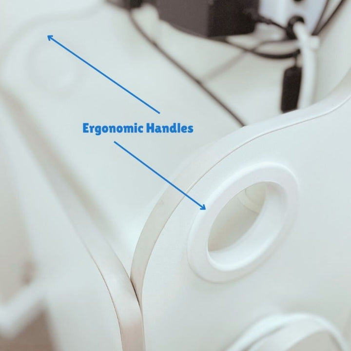Ergonomic handles on the TFH Mobile Sensory Cart Deluxe allowing smooth, controlled movement of the portable multi-sensory station between rooms