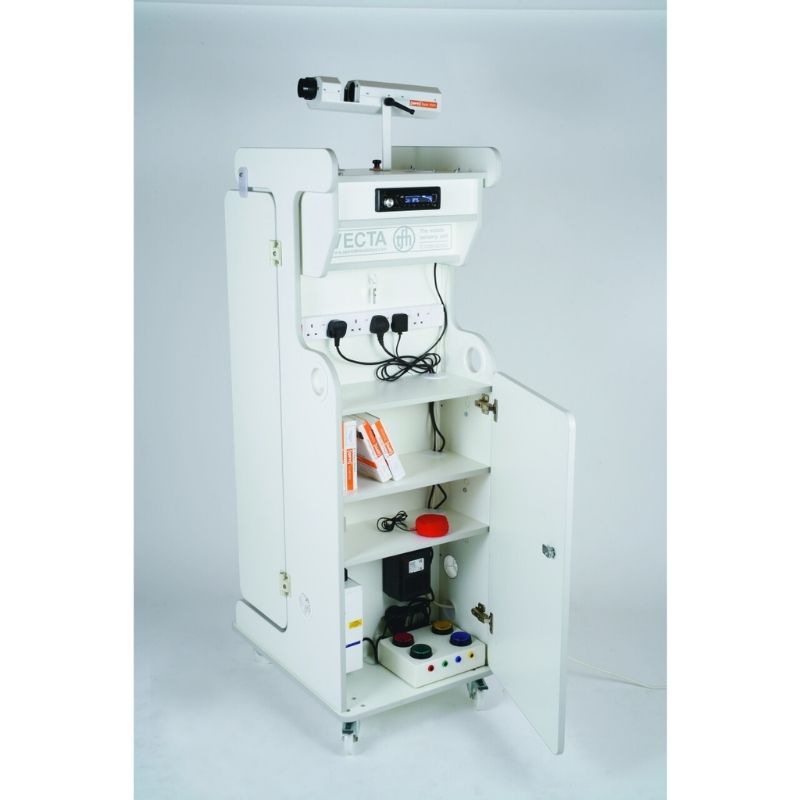 Interior view of the TFH Mobile Sensory Cart Deluxe showing hospital-grade power strip, Somacoustic Sound Controller, and rear storage cabinet