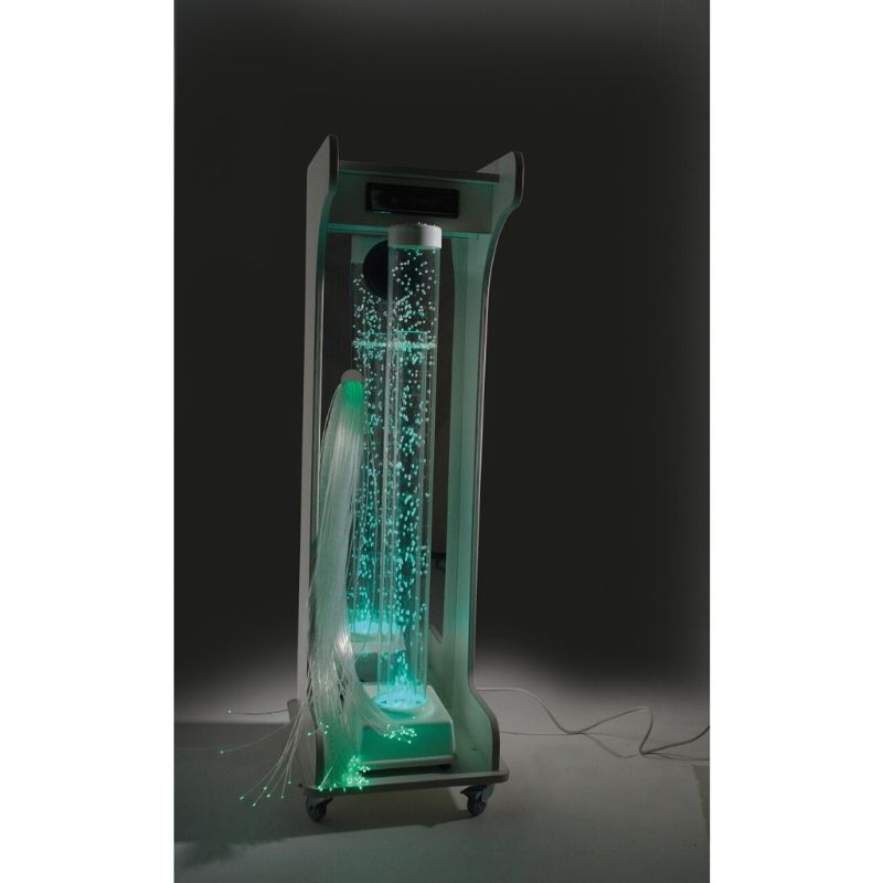 TFH Mobile Sensory Cart Jr in full portrait view with green Hurricane Tube lighting, a portable multi-sensory station for therapy rooms and home use
