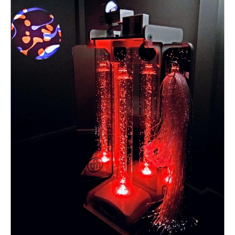 TFH Mobile Sensory Cart Waterless Hurricane Tube active view showing circulating beads and colour-changing light for calming sensory stimulation