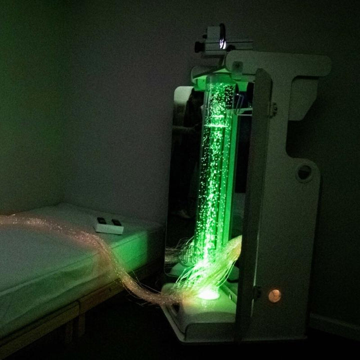 TFH Mobile Sensory Cart Waterless landscape room view showing the portable sensory station set up in a therapy or care environment